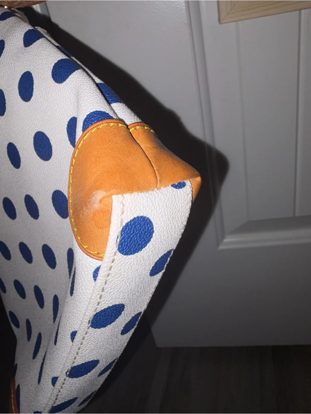 Dooney & Bourke White Navy Polka Dot Crossbody with Tan Trim
